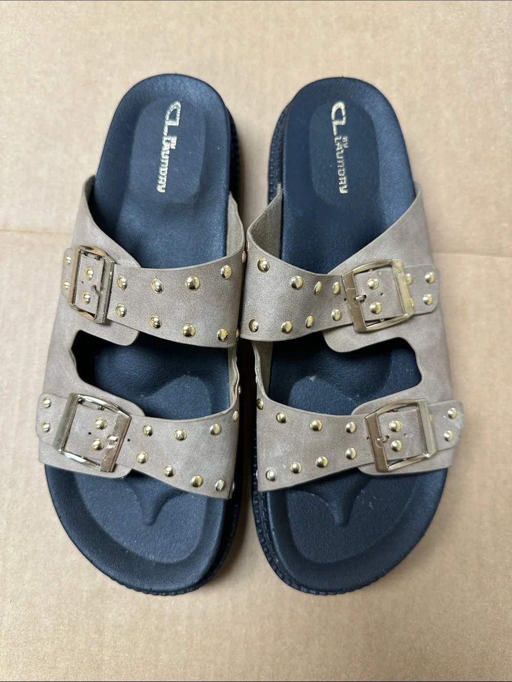 ##850, Wmn size 10, CL by Laundry Beige Double-Buckle Stud Slide Sandals